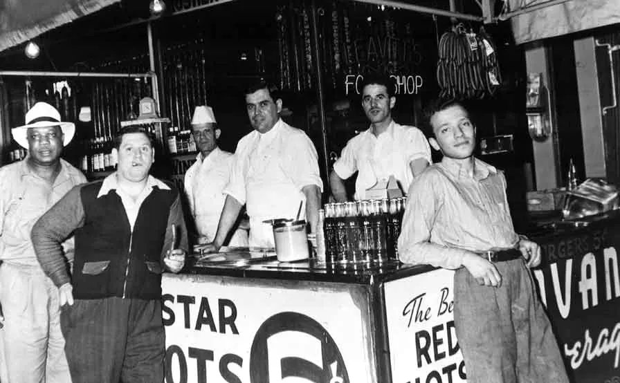 Jimmy Stefanovic at the stand, Maxwell & Halsted, 1940s